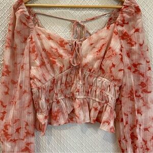 Dizzie Lizzie Pink/White Watercolor Crop Top with Sheer Ruffles/Tie Details. XL.
